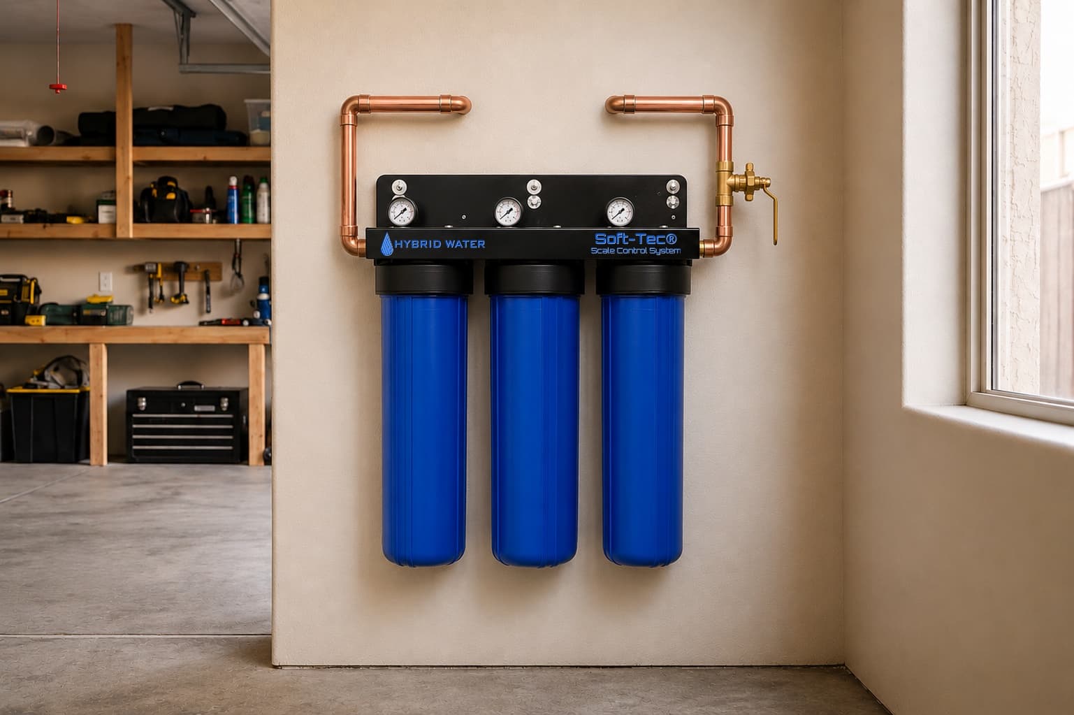 The installed Soft-Tec system on a garage wall: three blue housings under a black manifold carrying three pressure gauges, copper plumbed in either side.