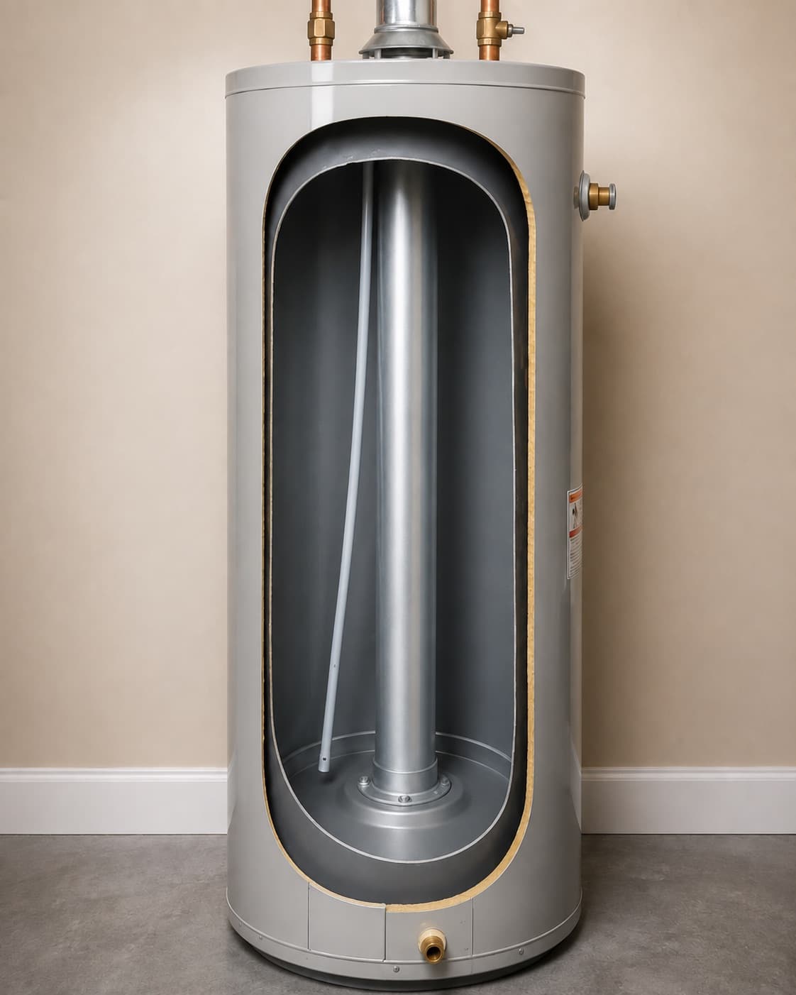 Cutaway illustration of a water heater with clean interior surfaces and a clear dip tube.