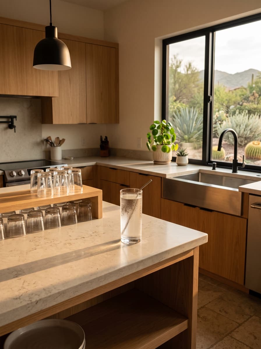 An Arizona kitchen at golden hour with a glass of clear water and spotless glassware on the island.